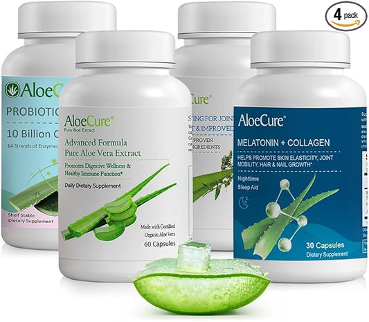 AloeCure Organic Aloe Vera Capsules Pack - 4 Pieces - Melatonin + Collagen, VeraFlex, Aloe Vera Capsules, Probiotic + Enzyme