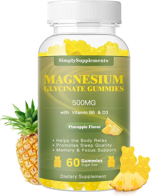 Magnesium Glycinate Gummies 500mg, Chewable Magnesium Supplement with Vitamin D3, B6, CoQ10, for Relaxation, Sleep & Mood Support, Calm Magnesium Gummies - 60 Pineapple Gummies