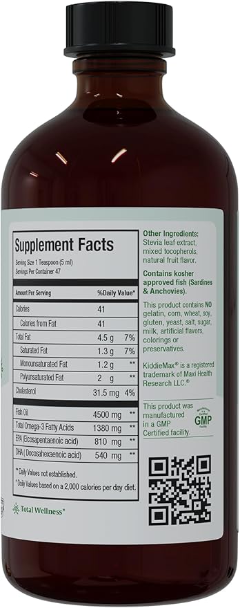 Maxi Health Kids Omega-3 - Fish Oil Liquid with DHA and EPA Fatty Acids - Kids Fish Oil Supplement, 8 fl. Ounces (Pack of 1)
