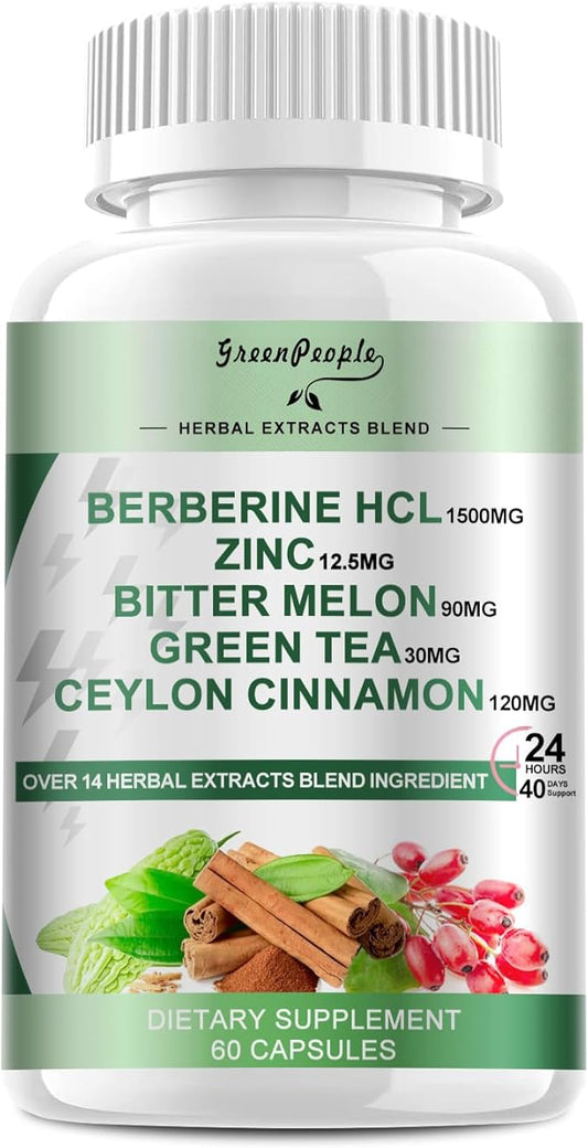 Berberine Supplement with Ceylon Cinnamon - Berberine 1500mg Activates AMPK & GLP-1 Berberine HCL Capsules with Bitter Melon/Artichoke Extracts & Natural Herbs for Immune Support 60 Count