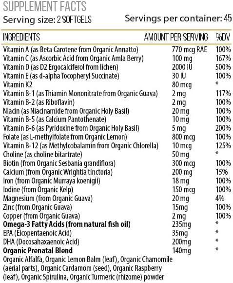 ACTIF Organic Prenatal Vitamin with 25+ Organic Vitamins, 100% Natural, DHA, EPA, Omega 3, and Organic Herbal Blend - Non-GMO, 90 Count