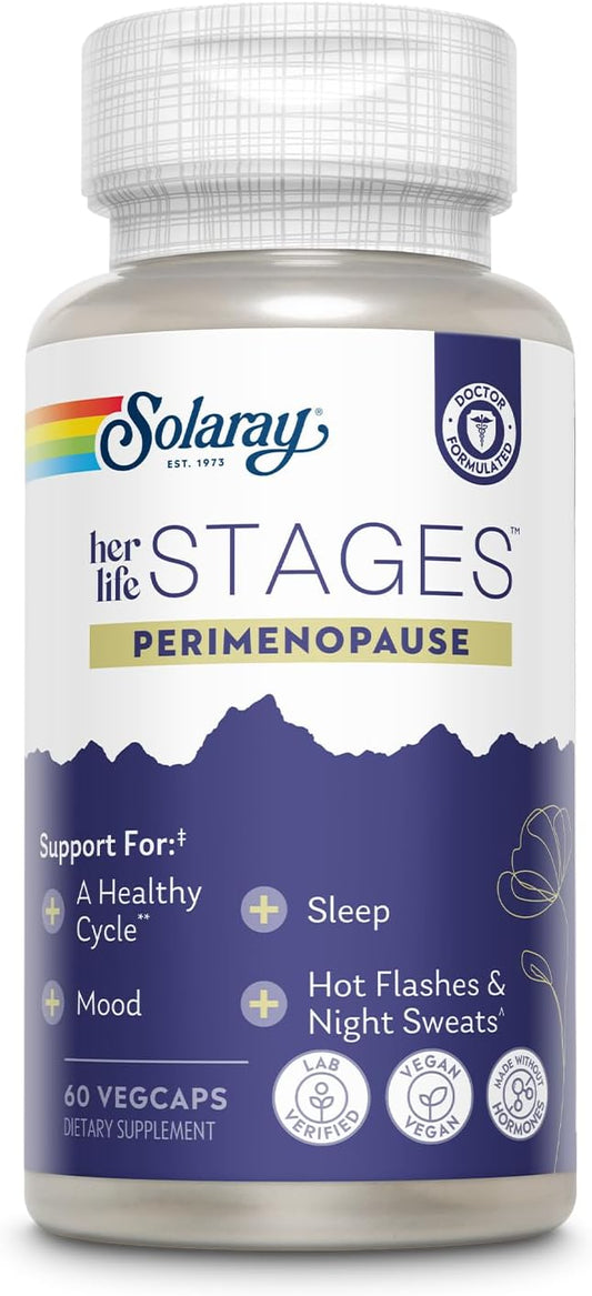 Solaray Perimenopause her Life Stages - Perimenopause Supplements Women - Hot Flashes, Menopause Support - Saffron and Chasteberry - Made Without Hormones - 60-Day Guarantee - 30 Servings, 60 VegCaps