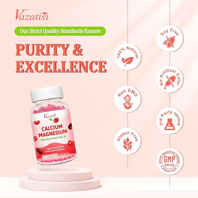 Calcium Magnesium Zinc Gummies, Calcium Magnesium 2:1 Ratio with Vitamin D3 & B12 for Support Muscle, Mood and Immunity, 60 Vegan Cherry Flavor Gummies