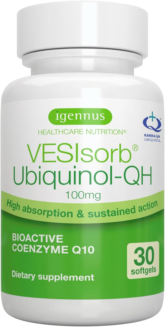 Igennus Advanced VESIsorb Ubiquinol 100mg 30 Softgels, 600% Bioavailability, Fast-Acting Water-Soluble Coenzyme Q10 Supplement for Energy & Heart, 1-Month Supply