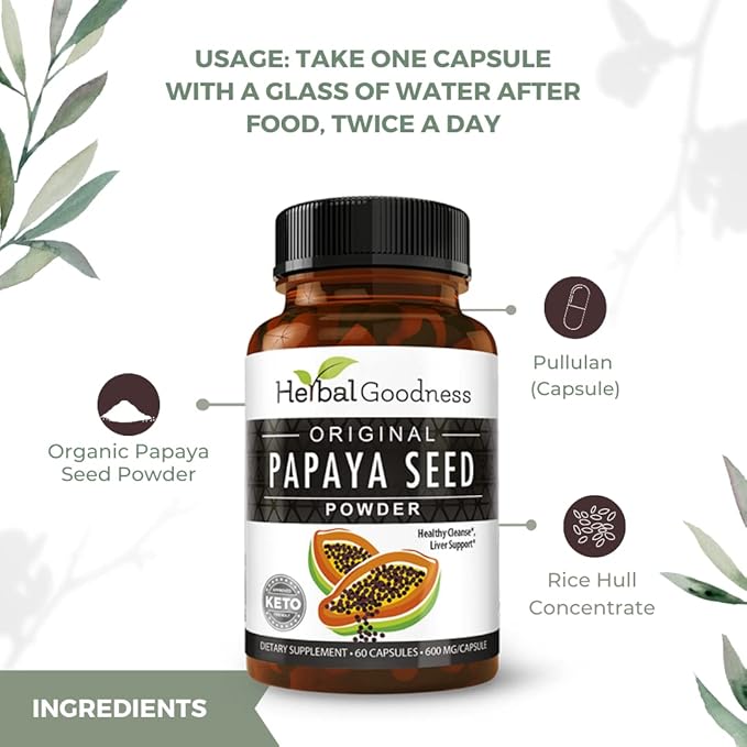 Herbal Goodness Papaya Seeds Capsules 60ct - Supports Gut and Digestive Health -100% Natural Body Detox Cleanse and Colon Broom Formula - 1 Pack