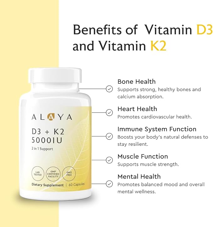 Alaya Naturals Vitamin D3 K2 Supplement – 5000 IU D3, 50 mcg K1, 15 mcg K2 MK-7 – High Absorption Capsules for Bone & Immune Support, Non-GMO, Vegetarian Capsules 60 Count