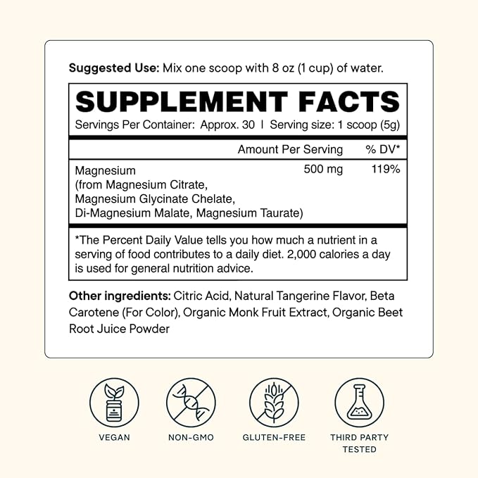 Ora Organic Magnesium Complex Powder Supplement - 4-in-1 Magnesium: Glycinate, Taurate, Malate & Citrate | Vegan, Gluten-Free | Tangerine Flavor | Calm Support for Sleep, Stress & Muscles | 30 Serving