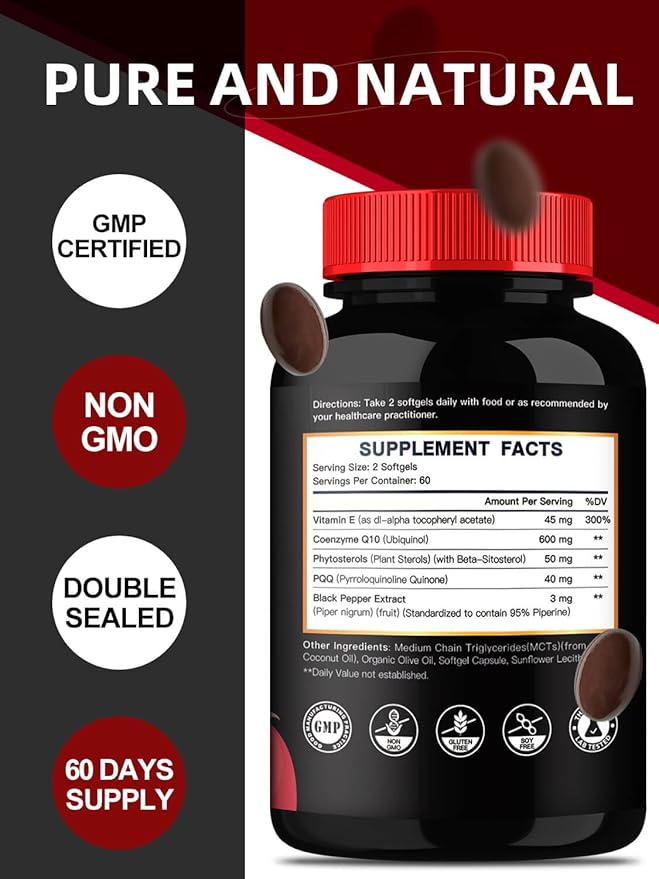 CoQ10 600 mg Ubiquinol - Co Q 10 Supplement, Coenzyme Q10 CQ10 Fertility for Women, Heart, High Absorption with Vitamin E, PQQ, Black Pepper, Olive Oil, Coq10 400mg Softgels, 120 Softgels