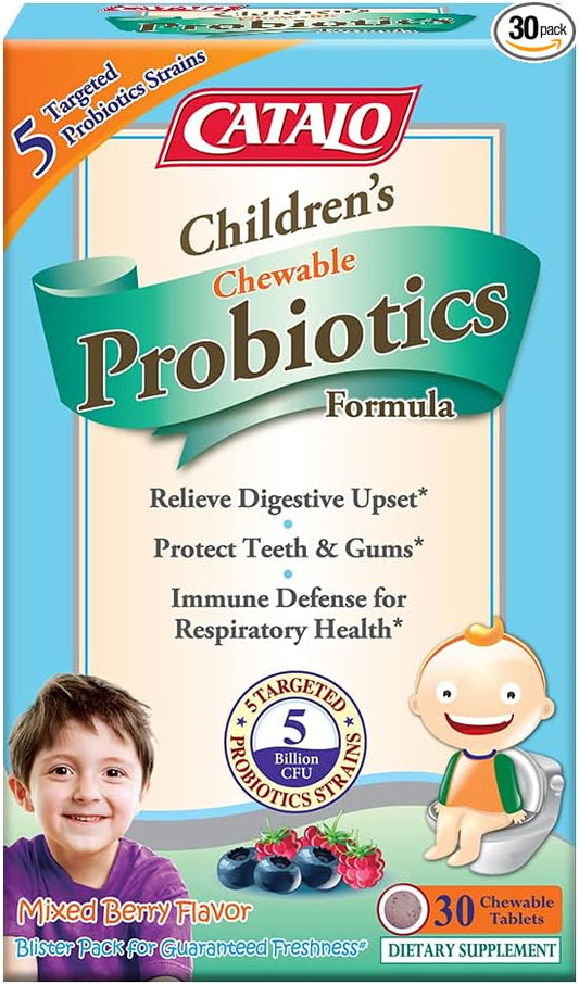 CATALO Kids Probiotics Chewable Formula - 5 Probiotic Strains Including Lactobacillus and Bifidobacterium - For Digestive and Oral Care in Toddlers and Kids - Delicious Mixed Berry Flavor - 30 Tablets