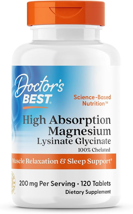 Doctor's Best High Absorption Magnesium Glycinate Lysinate, 100% Chelated, TRACCS, Not Buffered, Non-GMO, Vegan, Gluten & Soy Free, 100 mg, 120 Tablets (Packaging May Vary)