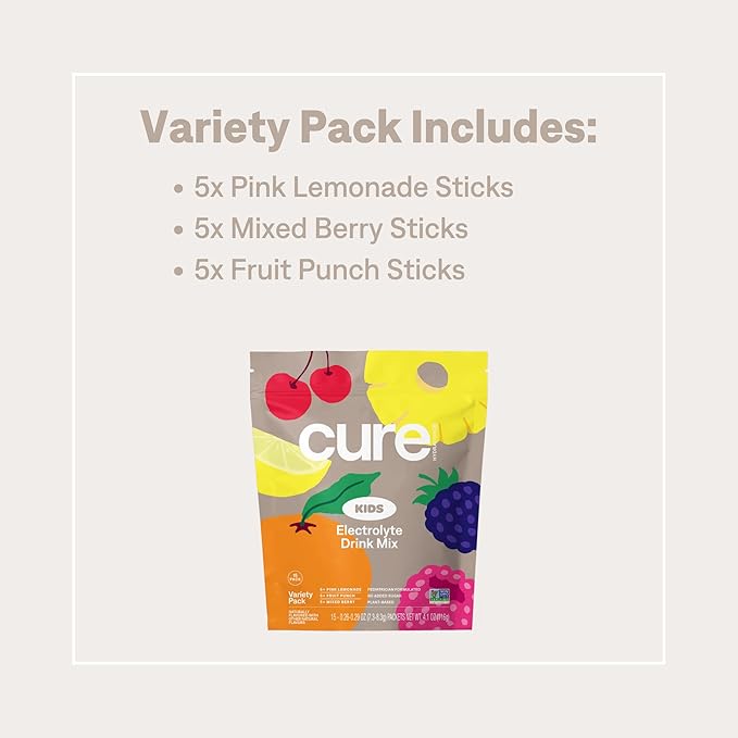 Cure Hydration - Kids Electrolyte Drink Mix | Plant-Based Pediatrician Formulated Rehydration | No Added Sugar, Non-GMO, Gluten-Free, No Artificial Flavors, FSA & HSA | 15 Packets - Variety Pack