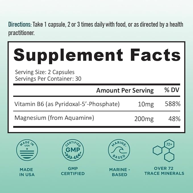 Ocean Magnesium 200mg Aquamin | More Soluble Than Magnesium Glycinate | Whole Food Mag B6 Supplement for Women | Gentle on Stomach & Vegan | Sleep Support, Calms Nerves & Leg Cramps | 60 Ct