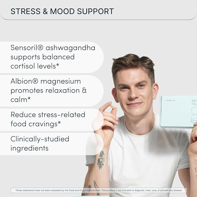 CHILL Stress Relief Supplement – Cortisol Supplements for Women & Men - Relaxation & Calm – Magnesium, Ashwagandha, L-Theanine, B Complex – 60 Capsules