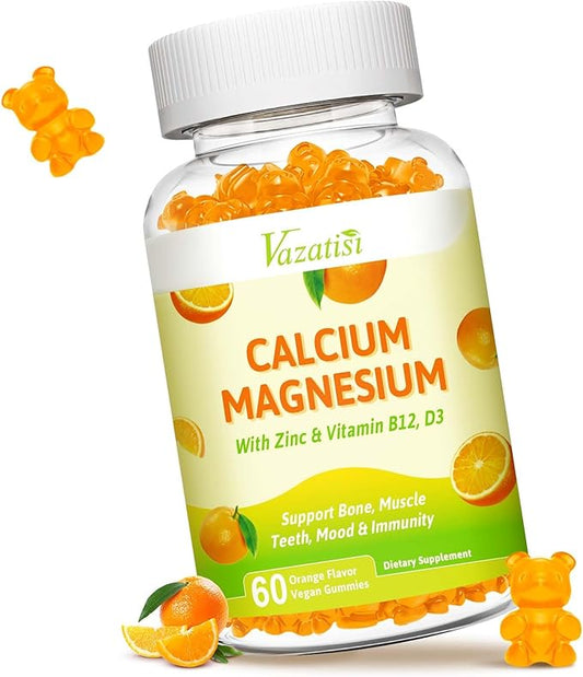 Calcium Magnesium Zinc Gummies, Calcium Magnesium 2:1 Ratio with Vitamin D3 & B12 for Support Muscle, Mood and Immunity, 60 Vegan Orange Flavor Gummies