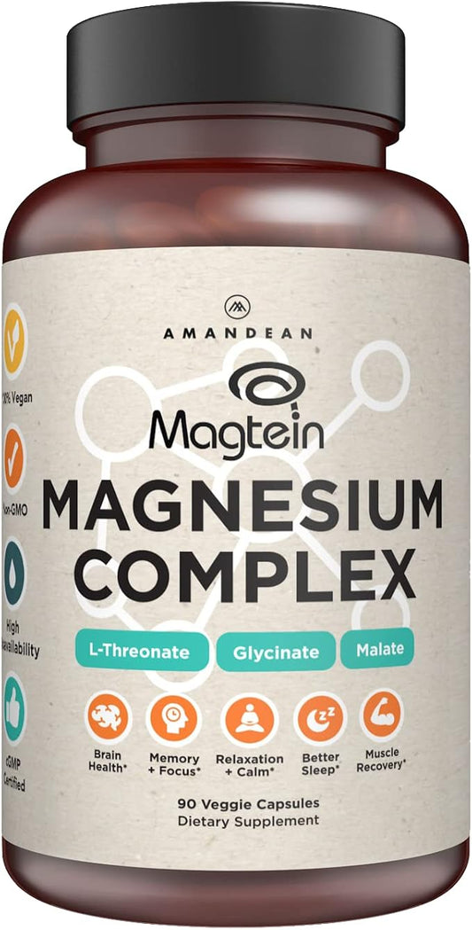 AMANDEAN Magtein Magnesium Complex. L-Threonate, Glycinate, Malate Triple Blend Chelated Magnesium Supplement. 90 Veggie Capsules. High Absorption Branded Ingredients. Brain Health, Sleep, Calm*.