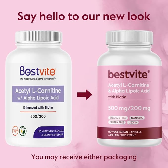 BESTVITE Acetyl L-Carnitine 500mg & Alpha Lipoic Acid 200mg per Capsule with Biotin (120 Vegetarian Capsules) - No Stearates - Vegan - Non GMO - Gluten Free