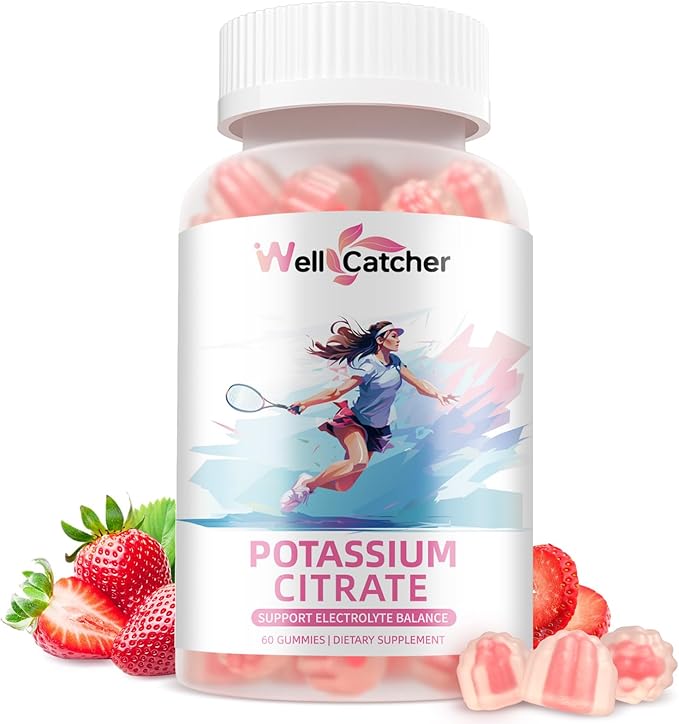 Potassium Citrate Gummies for Adults Men Women - High Potassium Supplement 500 MG Sugar Free Support Electrolyte Balance Leg Cramps Vegan Non-GMO Organic Strawberry Flavor 2 Packs