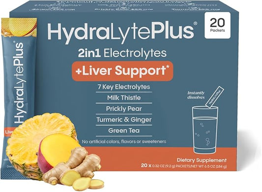 Hydralyte Liver Support + Electrolyte Mix with Milk Thistle, Turmeric, Ginger, Prickly Pear, Green Tea Extract Formulated for Rapid Rehydration (Pineapple Mango Ginger, 20 Packets)