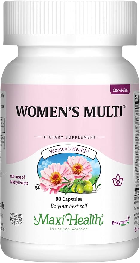 Maxi Health Women's Daily Multivitamin Biotin, Vitamins A B C D E, Calcium, Zinc, Lutein, Magnesium, Folate and More. Supports Gut Health for Women. Natural, Non-GMO, Gluten Free & Dairy Free Kosher