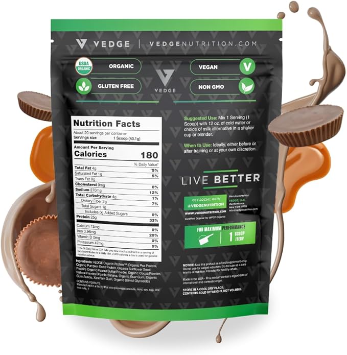 vedge Certified Organic Plant Protein Chocolate Peanut Butter Cup (20 Servings) - Plant-Based Vegan Protein Powder, USDA Organic, Gluten Free, Non Dairy Nutrition Plant Protein