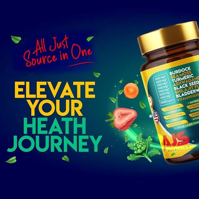 AJS Sea Moss Capsules 3200mg, Himalayan Shilajit 1000mg with Black Seed Oil, Ashwagandha, Turmeric, Bladderwrack, Burdock, Vitamins, Berberine, Lion’s Mane Mushroom, Elderberry- 90 Caps