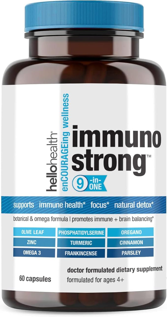Daily Immune Support Supplement Immunostrong 10-in-1 Immunity Vitamins with Immune Booster Oregano, Olive Leaf, Soothing Antioxidant Omega 3, Turmeric Curcumin & Zinc Vitamins for Adults & Kids -60 ct