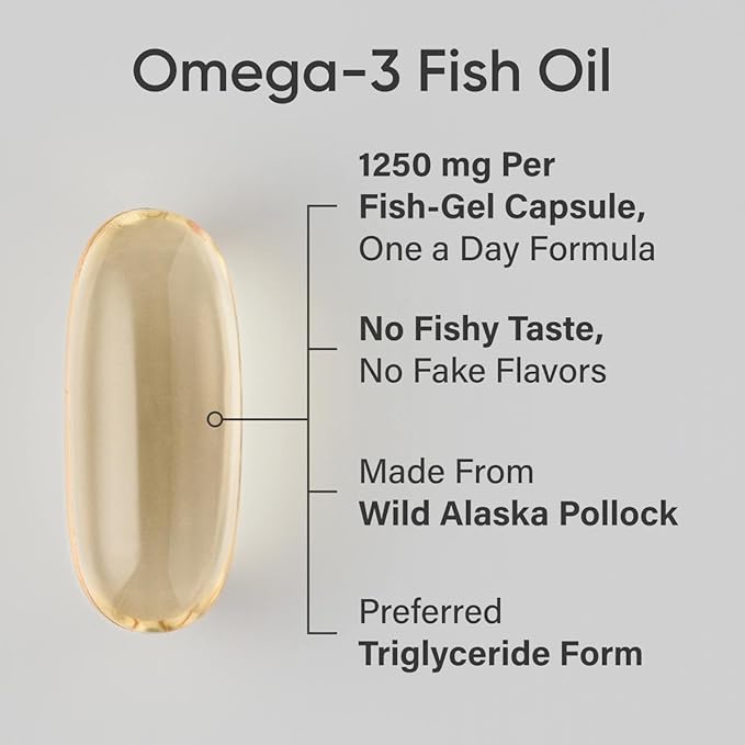 Sports Research Triple Strength Omega 3 Fish Oil - Burpless Fish Oil Supplement w/EPA & DHA Fatty Acids from Single-Source Wild Alaskan Pollock - 1250 mg, 90 ct