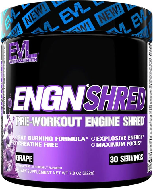 EVL Ultimate Pre Workout Powder - Thermogenic Fat Burn Support Preworkout Powder Drink for Lasting Energy Focus and Stamina - ENGN Shred Intense Creatine Free Preworkout Drink Mix - Grape