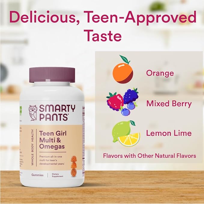 SmartyPants Teen Girl Multivitamin Gummies: Omega 3 Fish Oil (EPA/DHA), Vitamin C, D3, B12, Vitamin A, K & Zinc, Gluten Free, Includes Biotin to Support Hair, Skin & Nails, 90 Count (22 Day Supply)