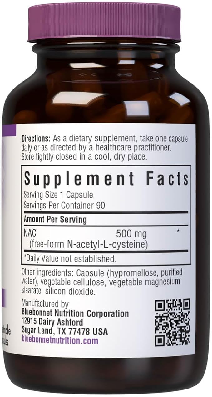 Bluebonnet NAC Supplement N-Acetyl-L-Cysteine 500 mg - Antioxidant Cellular Health & Immune Support - Free-Form Amino Acid for Women & Men - Non-GMO, Kosher, Gluten-Free - 90 Vegetable Capsules