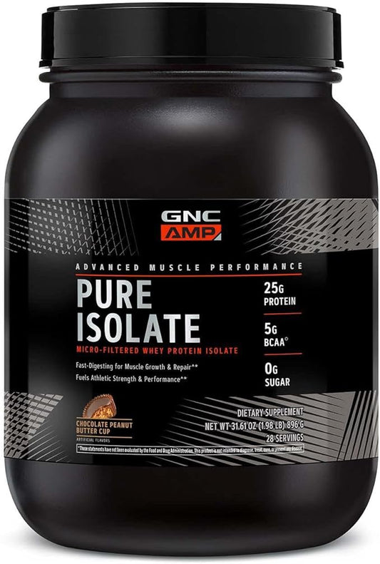 GNC AMP Pure Isolate | Fuels Athletic Strength, Performance and Muscle Growth | Fast Absorbing | 25g Whey Protein Iso with 5g BCAA | Chocolate Peanut Butter Cup | 28 Servings