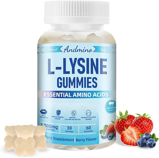 L-Lysine Gummies 1000 mg, with Trehalose, L Lysine Gummies for Lips & Oral Wellness, Immune Support & Collagen & Calcium, for Adults & Kids, Non-GMO, Vegan, Gluten Free, Berry Flavor, 60