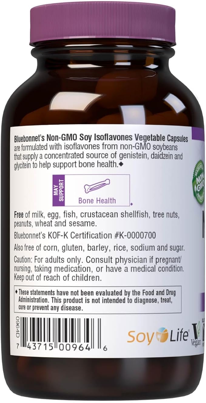 Bluebonnet Nutrition Non-GMO Soy Isoflavones, Bone Health*, Vegan, Kosher Parve, Gluten-Free, 60 Vegetable Capsules, 60 Servings