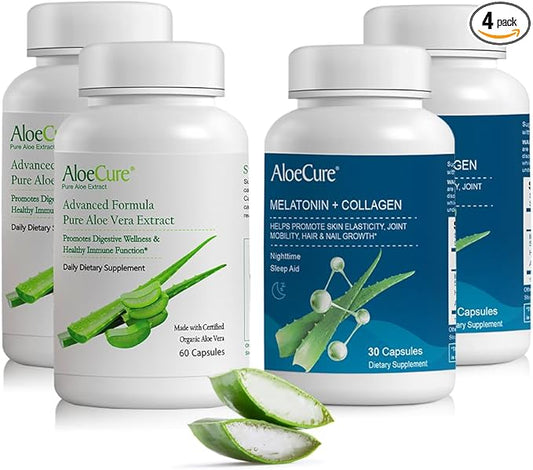 AloeCure Organic Aloe Vera Capsules Pack - 4 Pieces - 2 x Melatonin + Collagen, 2 x Aloe Vera Capsules