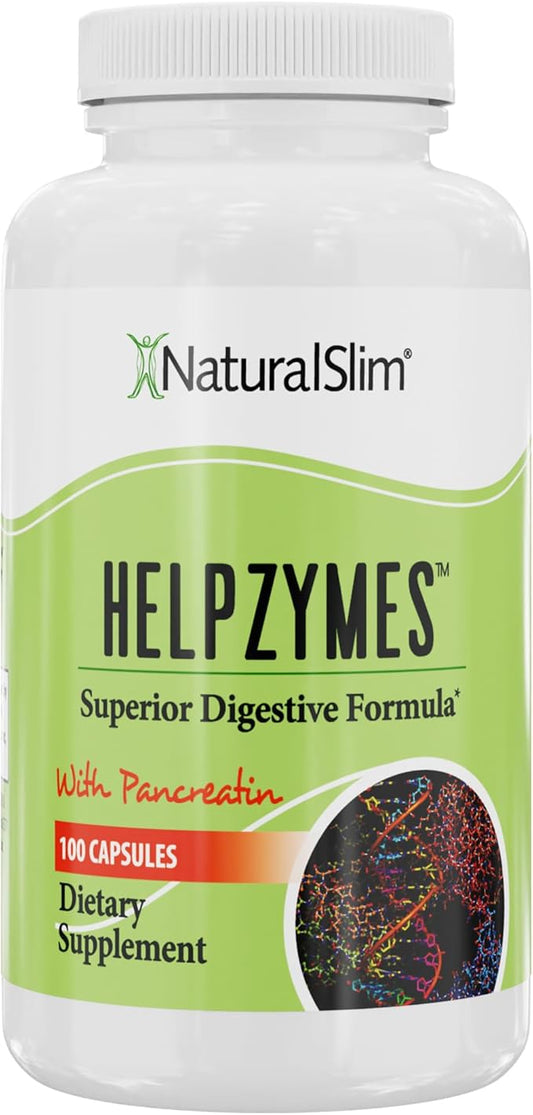 NaturalSlim Helpzymes Digestive Enzymes - Superior Digestion Supplements for Gut Health, Bloating & Gas Relief - Amylase, Bromelain, Lipase, Protease & Pancreatin with Betaine HCL - 100 Caps (Solo)