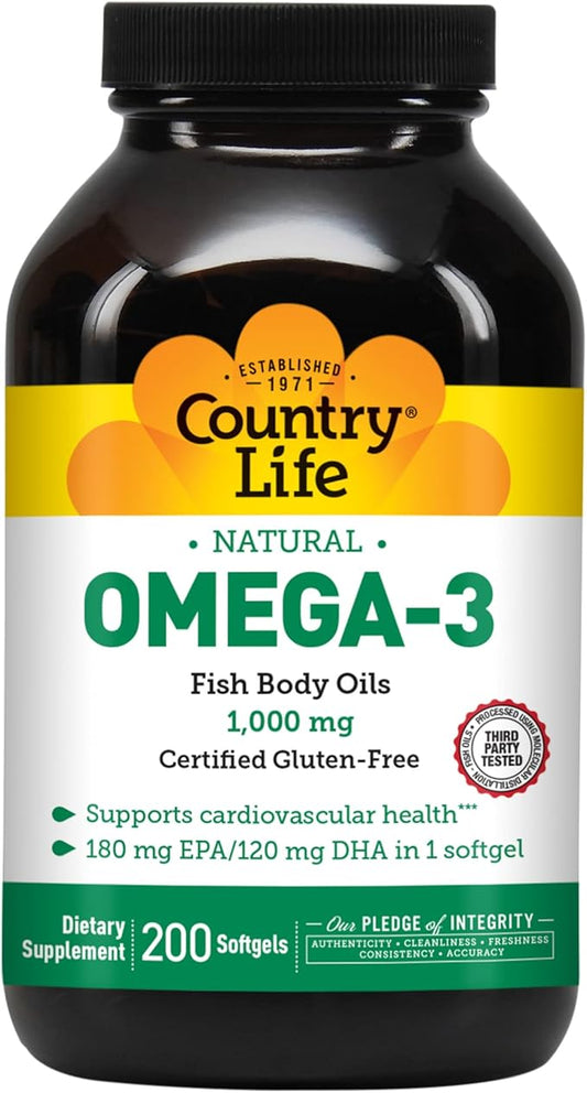 Country Life Omega-3 Fish Oil Supplement, 1000mg, 180mg EPA & 120mg DHA, Fish Oil Concentrate, Burpless, 200 Softgels, Certified Gluten Free