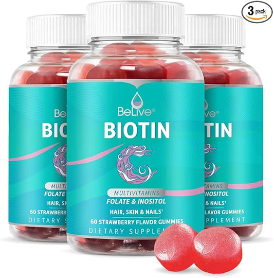 BeLive Biotin Gummies - Skin, Nails & Hair Vitamins with A, C, D, E, B12, Zinc, Folate & Inositol, Biotin Supplement for Anti-Aging, Energy & Collagen Boost, Multivitamin Gummies - Strawberry | 3-Pack