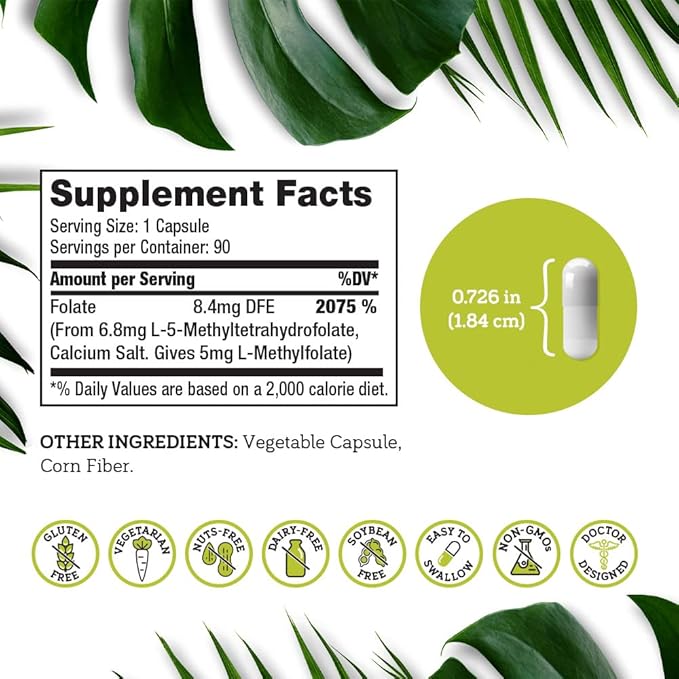 DSO L Methylfolate 5mg (5 MTHF Supplement) - 90 Vegan Capsules (5 mg) - Active L Methyl Folate Supplement for Homocysteine Control - Folic Acid Vitamin - Eco-Friendly Packaging