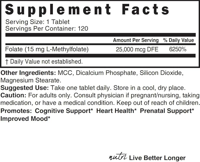 Nature's Fusions Nutri 5-MTHF L Methylfolate 15MG - 4 Month Supply, 120 Vegan Tablets - Methylated Folate Supplement - Cognitive Function, Heart Health, Prenatal Support - Methylated Folic Acid