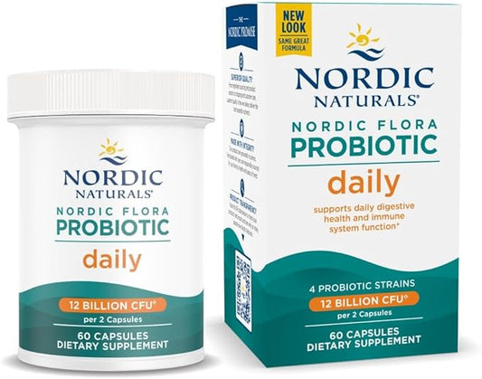 Nordic Naturals Nordic Flora Probiotic Daily - 60 Capsules - 4 Probiotic Strains with 12 Billion Cultures - Optimal Wellness, Immune Support, Digestive Health - Non-GMO, Vegan - 30 Servings