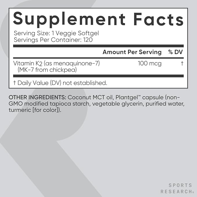 Sports Research Vitamin K2 as MK-7 100mcg with Coconut MCT Oil - 120 Veggie Softgels (4 Month Supply) Vegan Certified, Non-GMO Verified, Gluten & Soy Free - Citrus Aroma