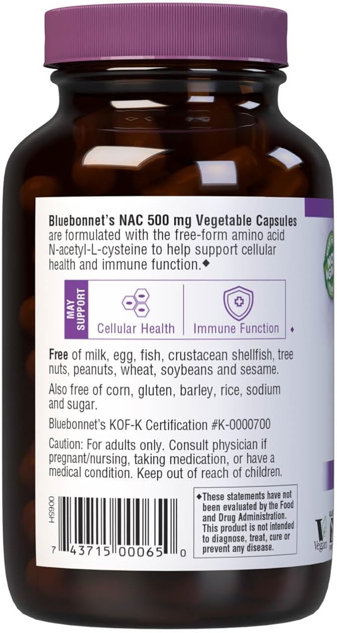 Bluebonnet NAC Supplement N-Acetyl-L-Cysteine 500 mg - Antioxidant Cellular Health & Immune Support - Free-Form Amino Acid for Women & Men - Non-GMO, Kosher, Gluten-Free - 90 Vegetable Capsules
