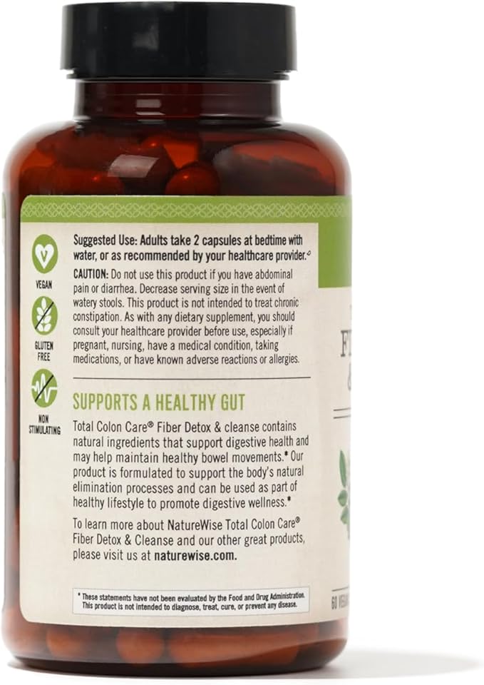 NatureWise Total Colon Care Fiber Cleanse with Herbal Laxatives, Prebiotics, & Digestive Enzymes for Healthy Elimination, Safe Digestion & Weight, Detox, & Gut Health [1 Month Supply - 60 Count]