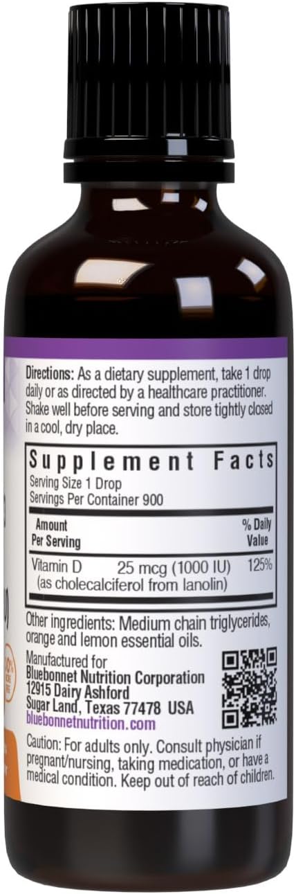 BlueBonnet Liquid Vitamin D3 Drops 1000 IU, Citrus, Transparent, Scented, 1 Fl Oz
