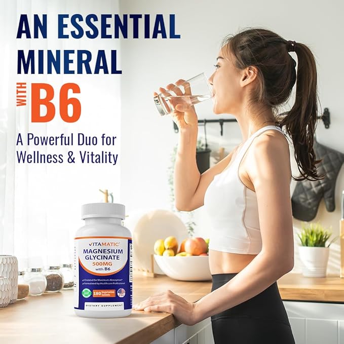 Vitamatic Magnesium Glycinate 500 mg per Tablet – 180 Vegetarian Tablets (Uncoated) with Added Vitamin B6 for Maximum Absorption – Muscle, Joint & Heart Health Support – Non-GMO, Gluten-Free