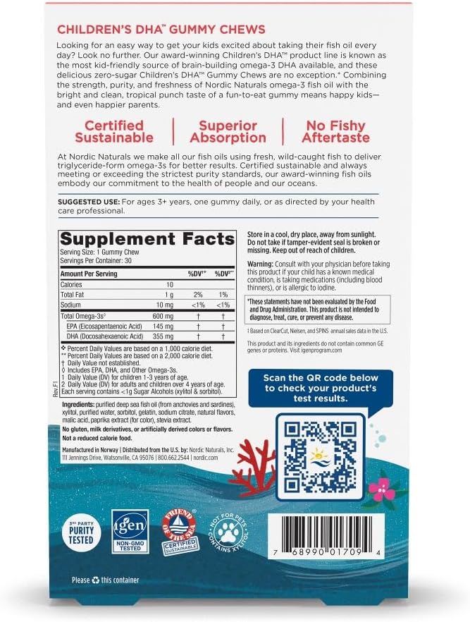 Nordic Naturals Zero Sugar Children’s DHA Gummy Chews, Tropical Punch - 30 Gummy Chews for Kids - 600 mg Total Omega-3s - Brain Development, Learning, Healthy Immunity - Non-GMO - 30 Servings