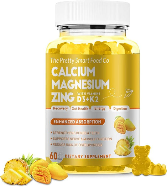 Calcium Magnesium Zinc Gummies with Vitamin D3 & K2 for Bone, Muscle & Immune Support - High Potency Enhanced Absorption - 60 Mango Pineapple Gummies