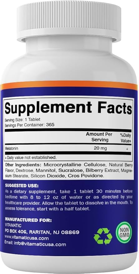 Vitamatic Melatonin 20 mg Tablets | Vegetarian, Non-GMO, Gluten Free | 1 Year Supply | Natural Berry Flavor - 365 Tablets