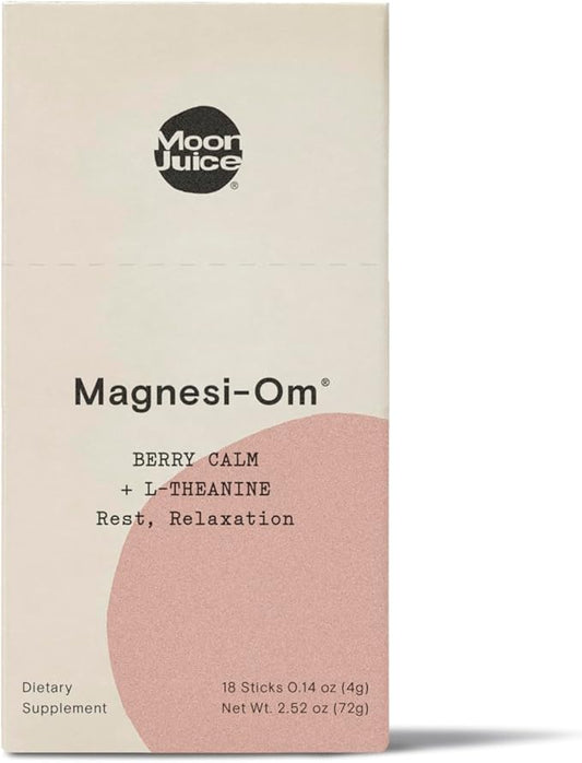 Moon Juice - Magnesi-Om, Berry - Sticks (18 Servings) - Support Brain Health & Rest - Magnesium Powder - L-Theanine - Regularity - Compostable - 100% Traceable - Vegan & Non GMO - 0.14oz