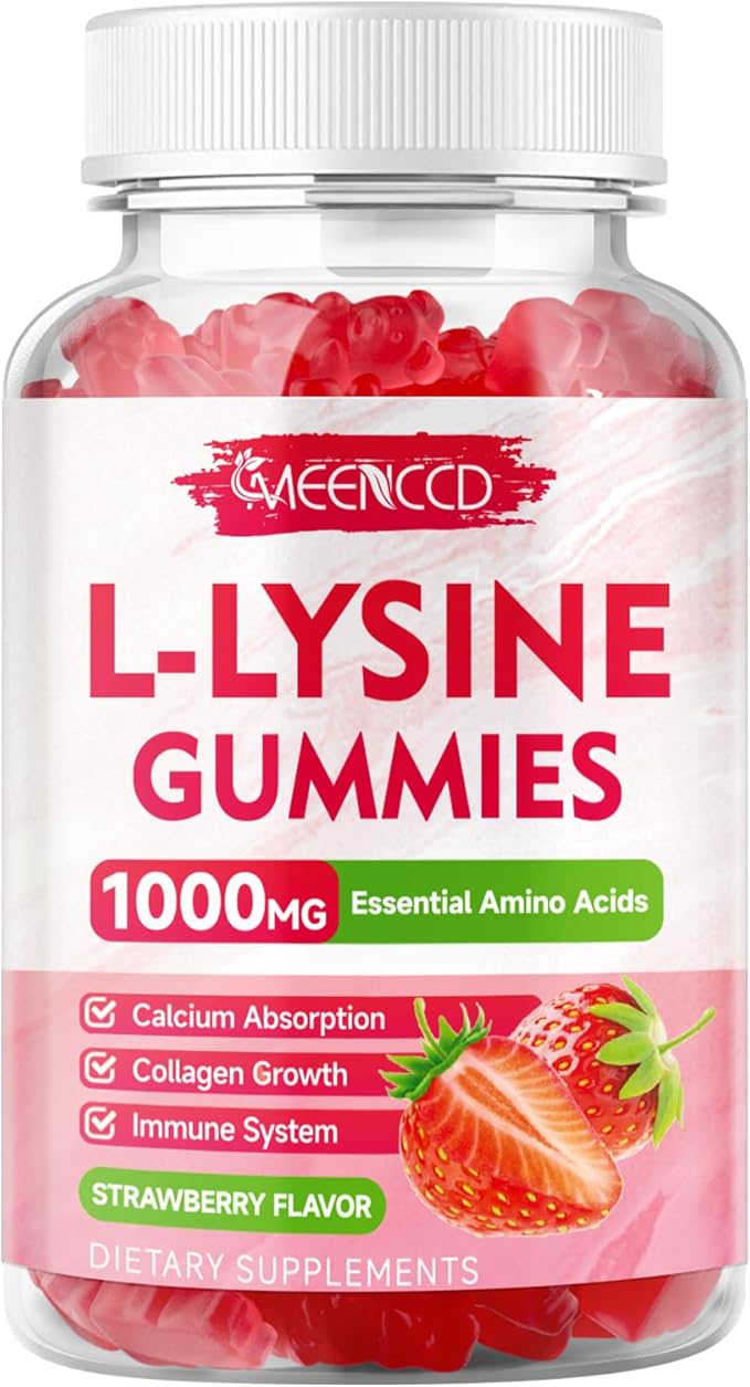 L-Lysine 1000mg Gummies, Lysine Supplement for Adults & Kids, Essential Amino Acid Supplement for Oral & Lips Health, Boost Immune & Calcium & Collagen, Sugar-Free, Strawberry Flavor, 60 Count